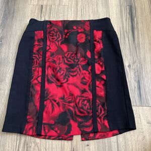 Cache Black Red Floral Rose Flower Print Pencil Skirt Size 6 Career Y2K